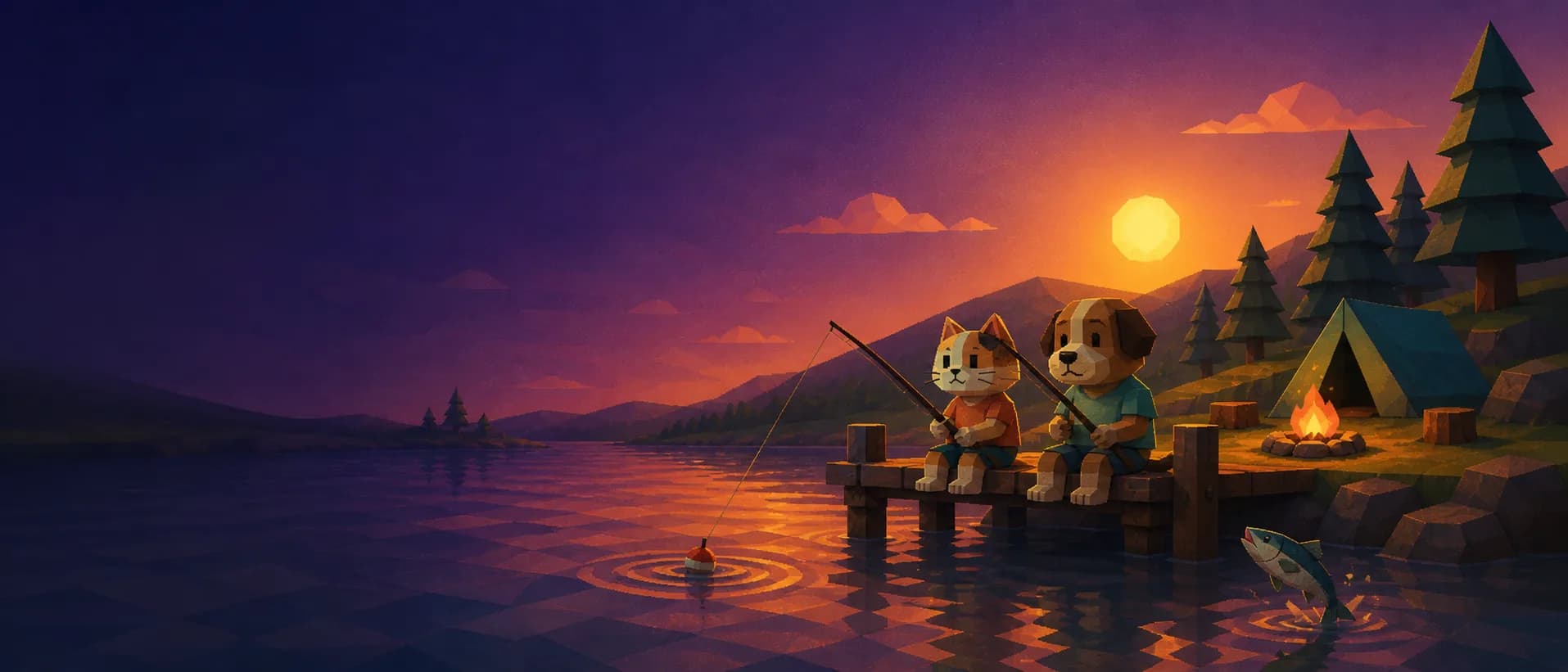 Two anglers fishing from a dock at dusk, campfire on the shore