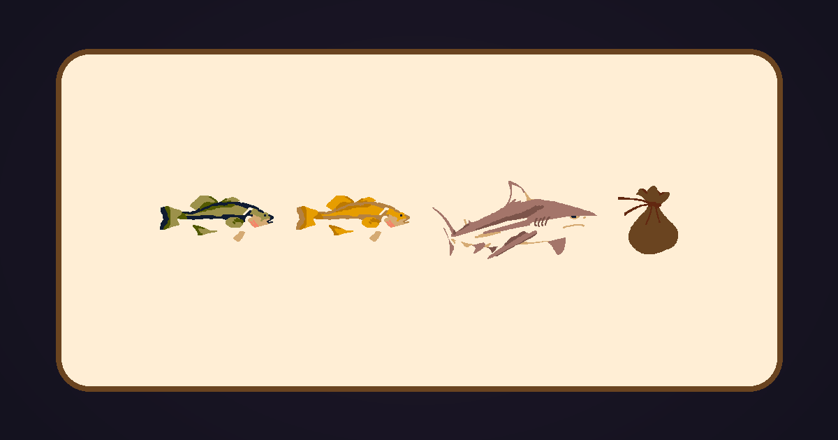 Largemouth Bass, Golden Bass, Bull Shark and a coin bag
